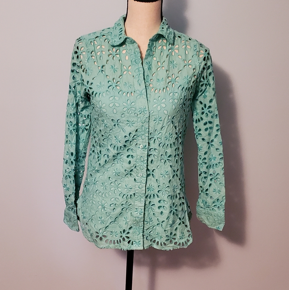 J. Crew Classic Bright Spearmint Green Embroidered Eyelet Button-Down Blouse - Picture 3 of 15